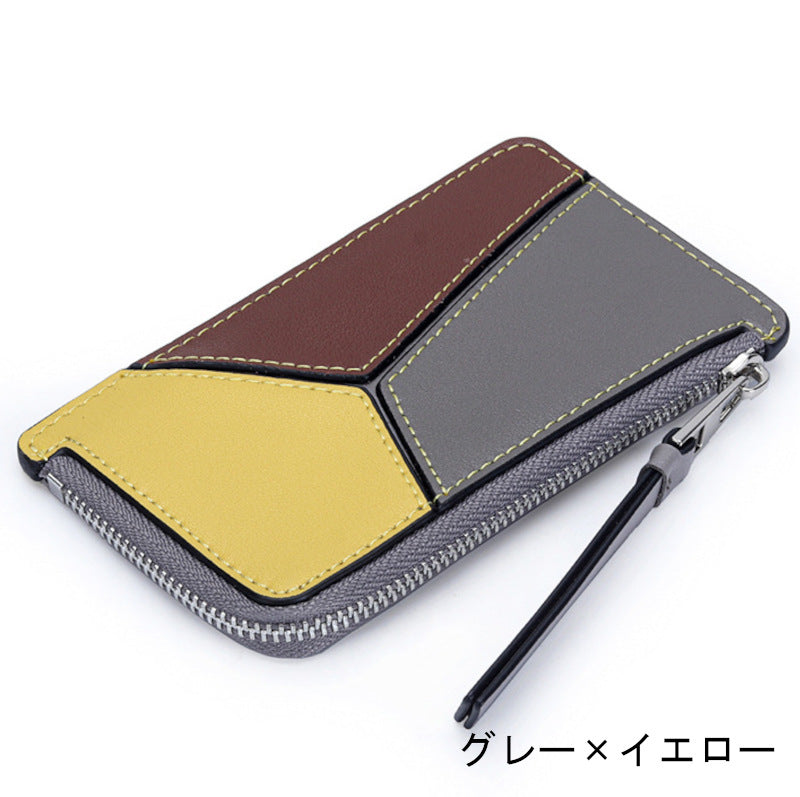 薄型財布 ラウンドファスナー レディース 本革二つ折り財布 本革コインケース パズル風 黒 ピンク