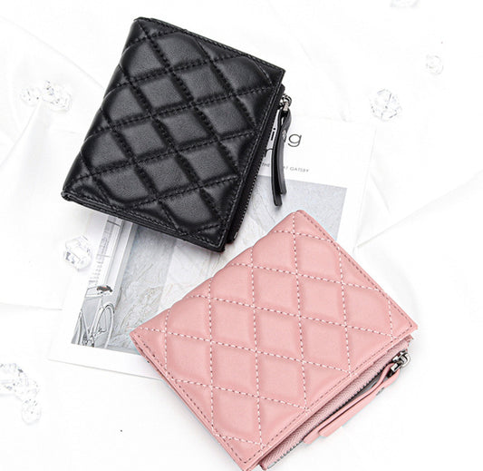 羊革財布 ラムスキン財布 マトラッセ財布 本革二つ折り財布 ファスナー付 黒 ピンク レディース