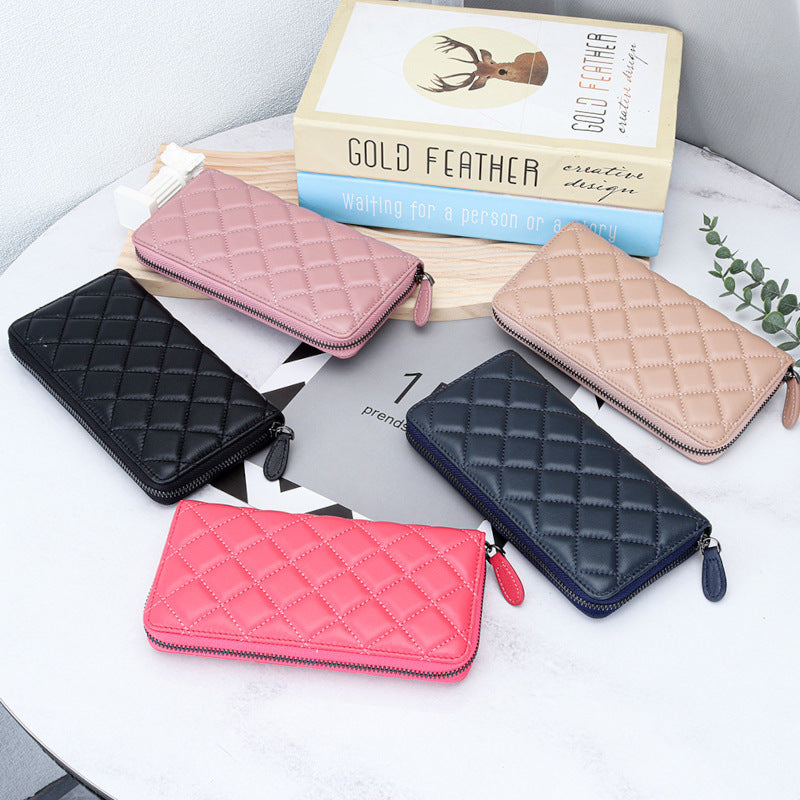 羊革財布 ラムスキン財布 ラウンドファスナー長財布 マトラッセ財布 本革 黒 ピンク ベージュ ネイビー