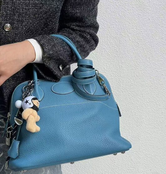 本革ブガッティハンドバッグ プレミア エトゥープ 黒 ブルージーン 31cm ボリード風 レディース