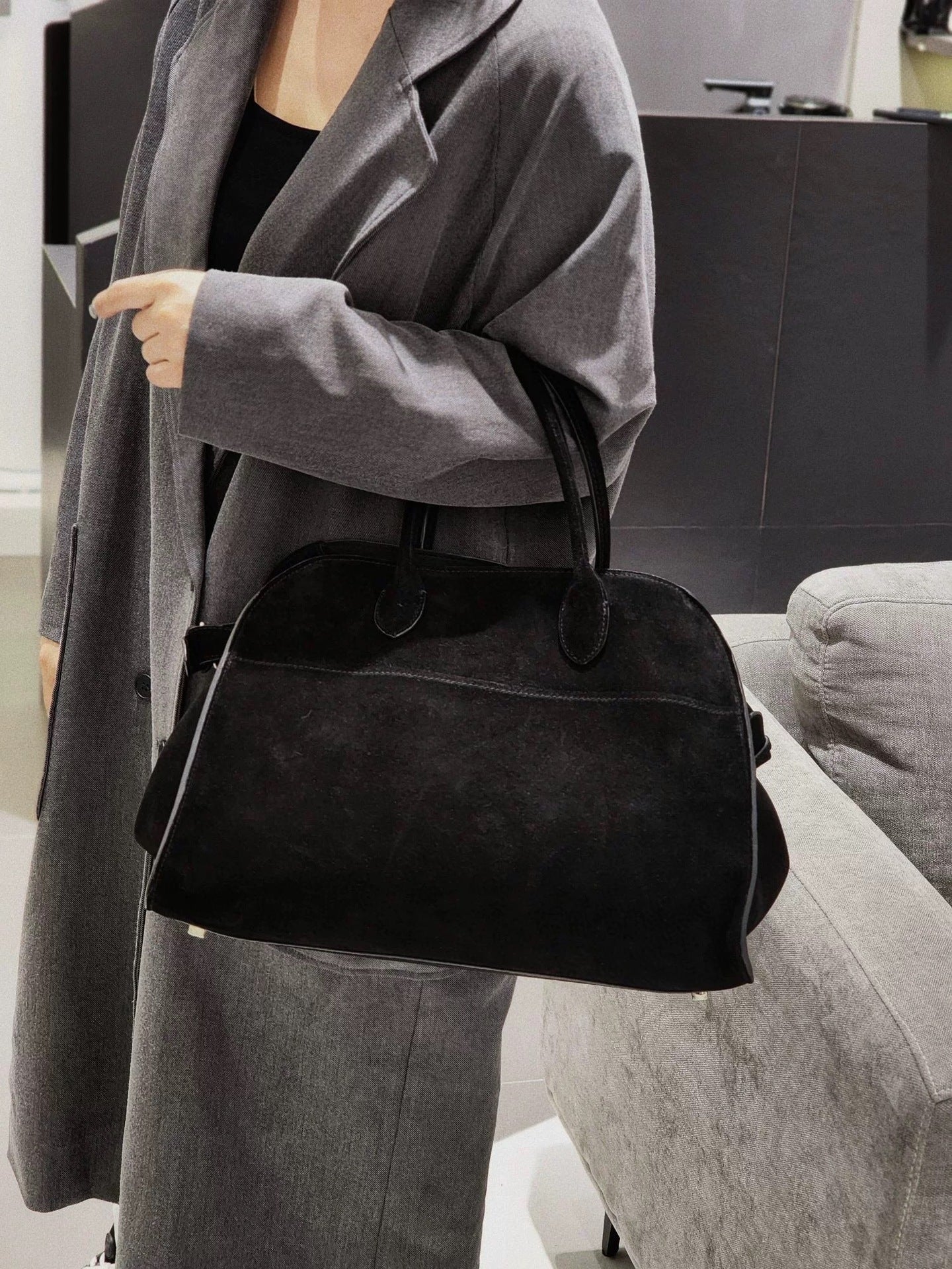 サイドベルト本革トートバッグ 10 12インチ スエード 2wayタイプバック ブラック トープ エクリュ