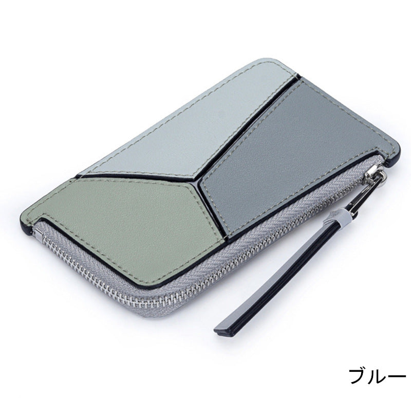 薄型財布 ラウンドファスナー レディース 本革二つ折り財布 本革コインケース パズル風 黒 ピンク