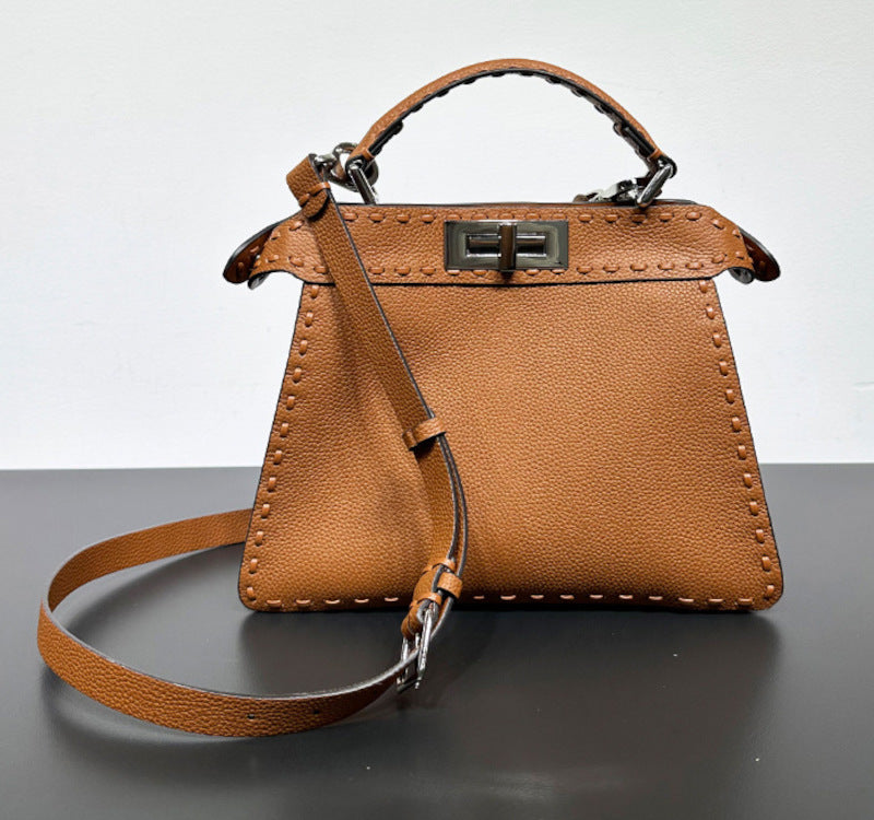 本革ハンドバッグ  ステッチ入りバッグ 2wayバッグ エトゥープ 黒茶 レディース