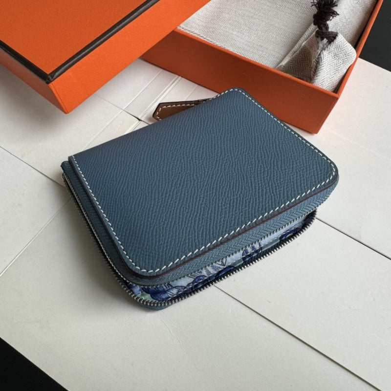 本革ラウンドファスナー二つ折り財布 リバーシブル エプソン革　黒 オレンジ 白 ブルー