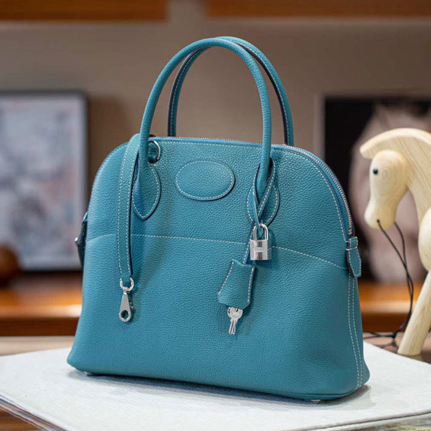 本革ブガッティハンドバッグ プレミア エトゥープ 黒 ブルージーン 31cm ボリード風 レディース