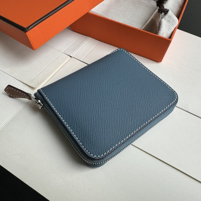 本革ラウンドファスナー二つ折り財布 リバーシブル エプソン革　黒 オレンジ 白 ブルー