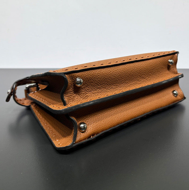 本革ハンドバッグ  ステッチ入りバッグ 2wayバッグ エトゥープ 黒茶 レディース