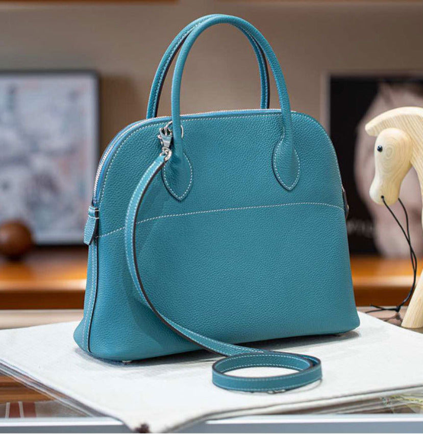 本革ブガッティハンドバッグ プレミア エトゥープ 黒 ブルージーン 31cm ボリード風 レディース