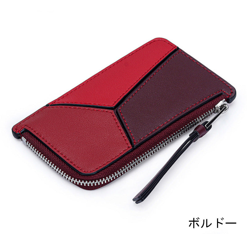 薄型財布 ラウンドファスナー レディース 本革二つ折り財布 本革コインケース パズル風 黒 ピンク