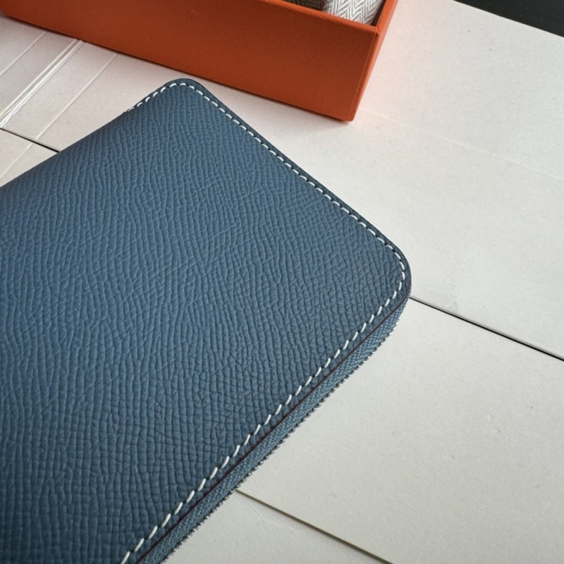 本革ラウンドファスナー二つ折り財布 リバーシブル エプソン革　黒 オレンジ 白 ブルー