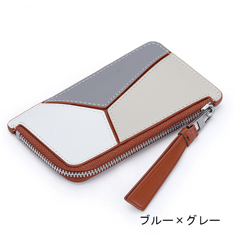 薄型財布 ラウンドファスナー レディース 本革二つ折り財布 本革コインケース パズル風 黒 ピンク