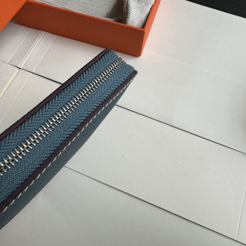 本革ラウンドファスナー二つ折り財布 リバーシブル エプソン革　黒 オレンジ 白 ブルー