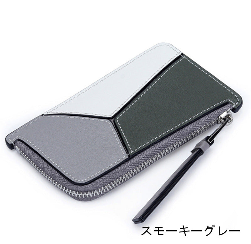 薄型財布 ラウンドファスナー レディース 本革二つ折り財布 本革コインケース パズル風 黒 ピンク