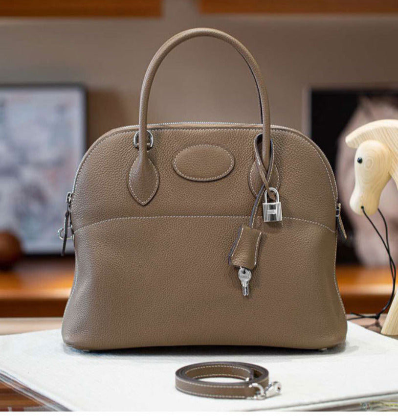 本革ブガッティハンドバッグ プレミア エトゥープ 黒 ブルージーン 31cm ボリード風 レディース