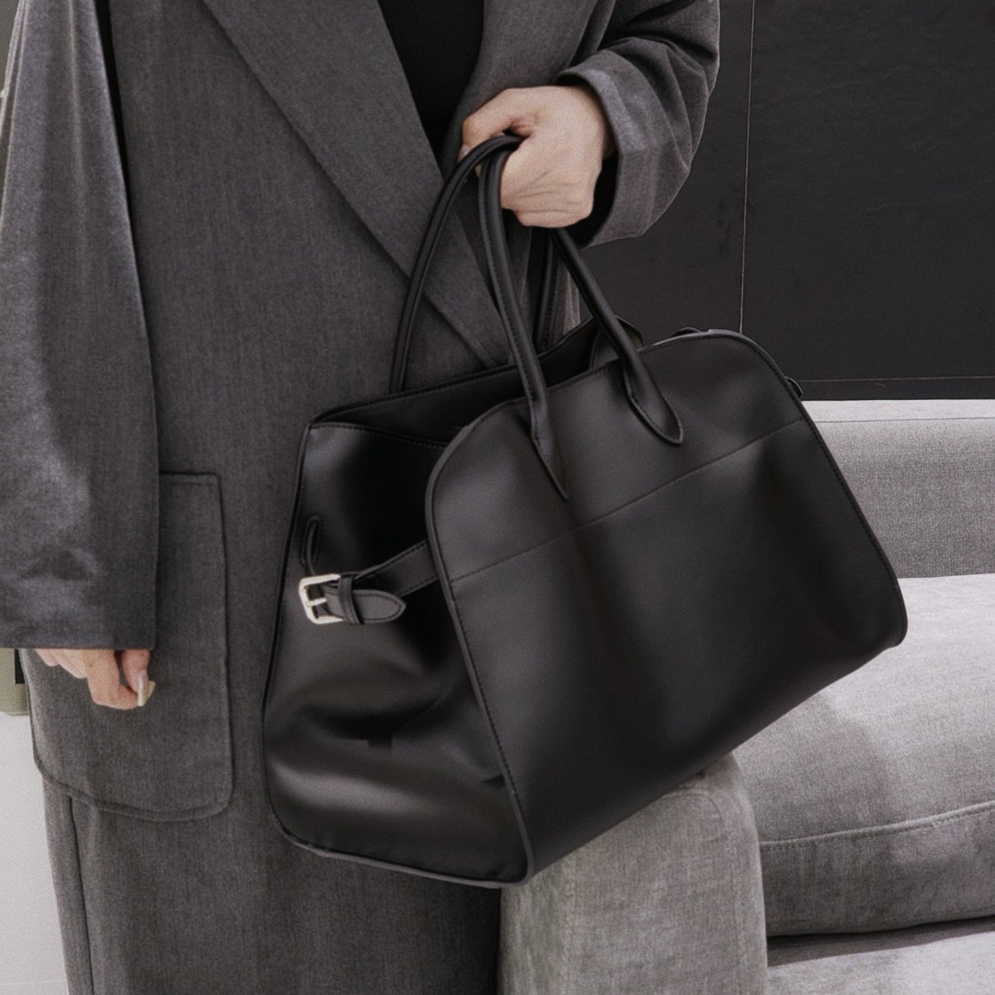 サイドベルト本革トートバッグ 10 12インチ ソフトレザー 2wayタイプバック ブラック トープ エクリュ