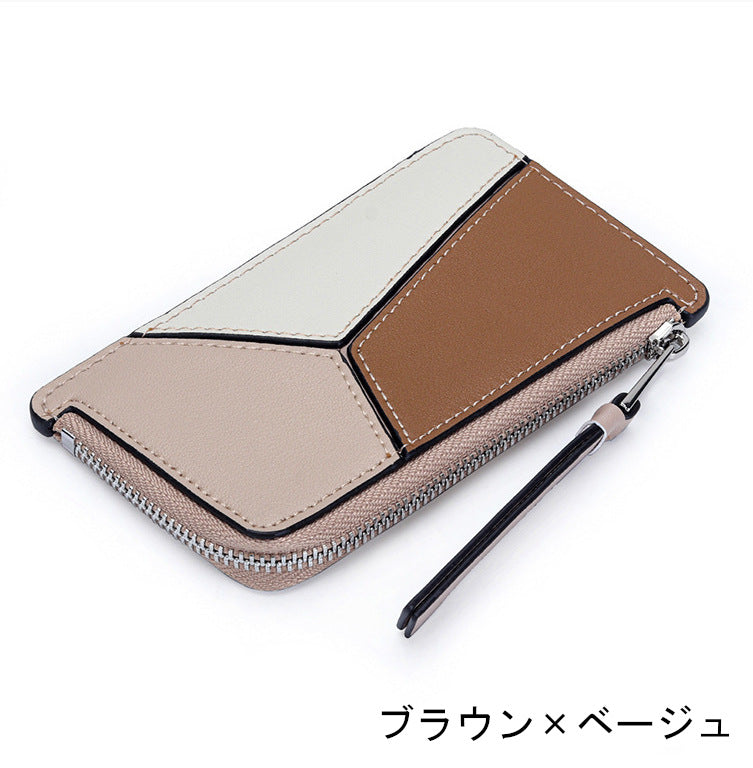 薄型財布 ラウンドファスナー レディース 本革二つ折り財布 本革コインケース パズル風 黒 ピンク