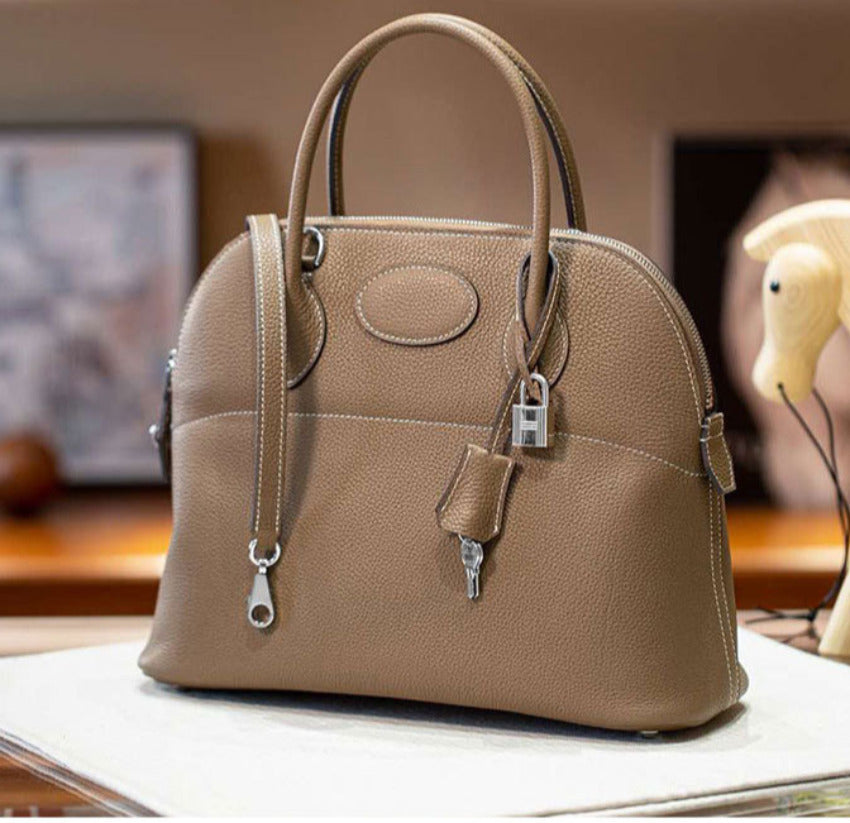 本革ブガッティハンドバッグ プレミア エトゥープ 黒 ブルージーン 31cm ボリード風 レディース