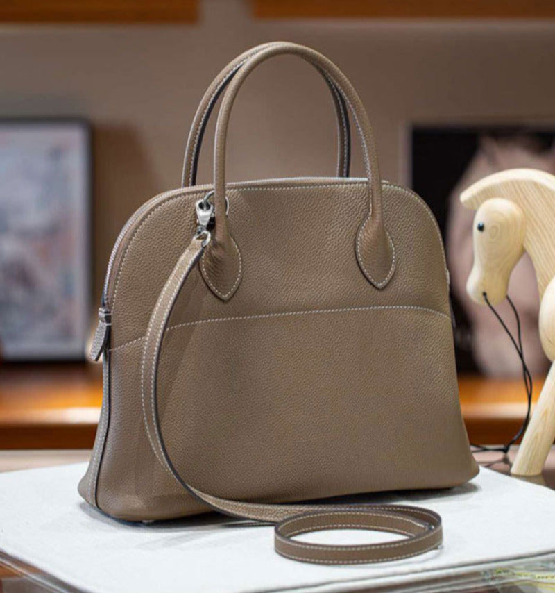 本革ブガッティハンドバッグ プレミア エトゥープ 黒 ブルージーン 31cm ボリード風 レディース