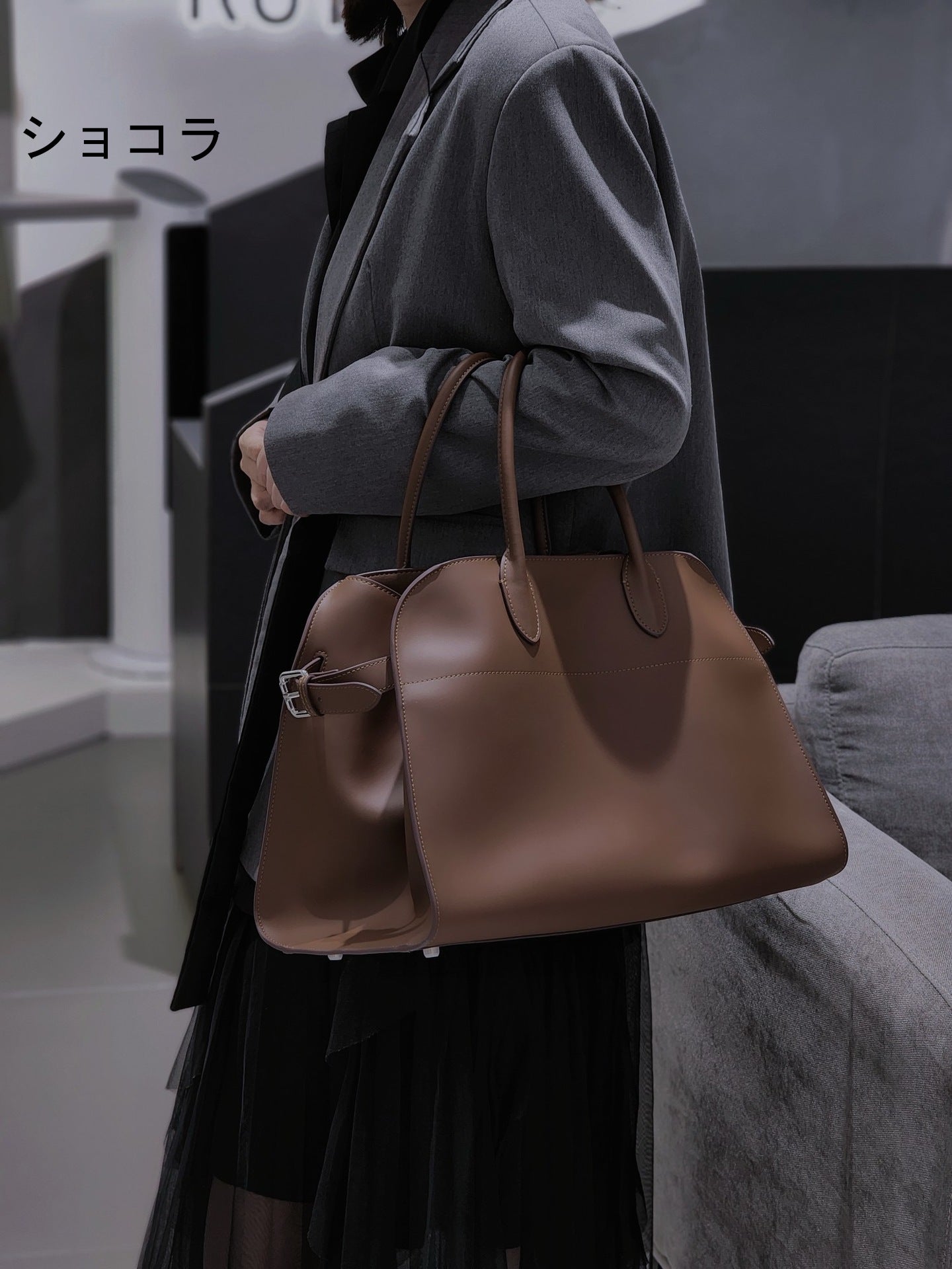 サイドベルト本革トートバッグ 10 12インチ ソフトレザー 2wayタイプバック ブラック トープ エクリュ