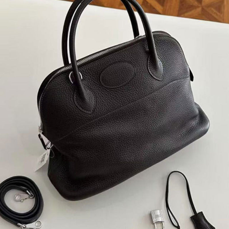 本革ブガッティハンドバッグ プレミア エトゥープ 黒 ブルージーン 31cm ボリード風 レディース