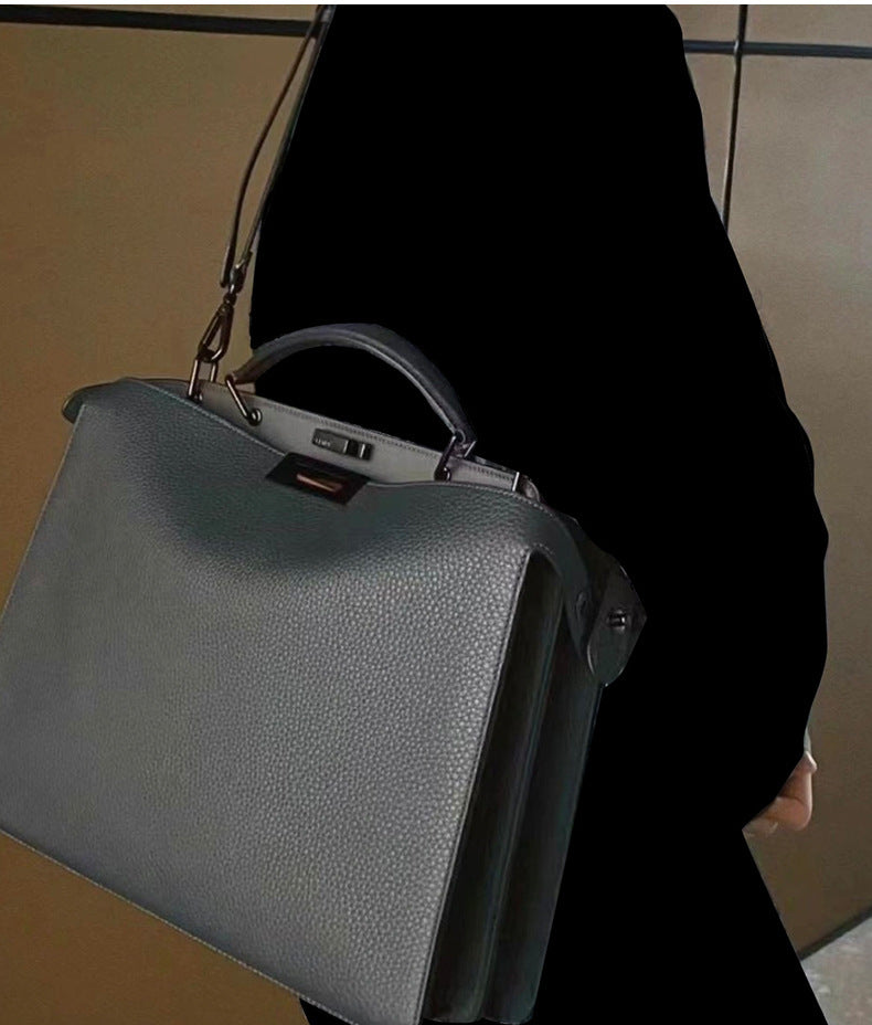 本革ハンドバッグ ステッチ入りバッグ ビジネスバッグ グレー ブラック 黒 ユニセックス