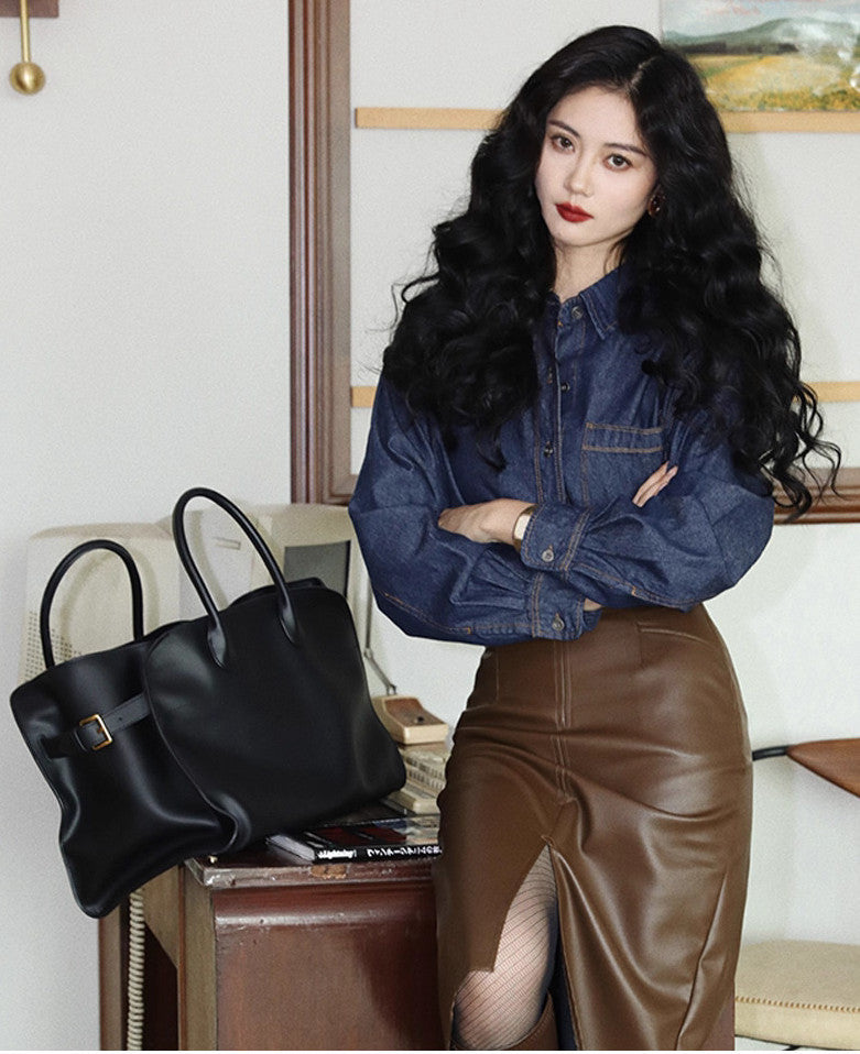 サイドベルト本革トートバッグ 10 12インチ ソフトレザー 2wayタイプバック ブラック トープ エクリュ