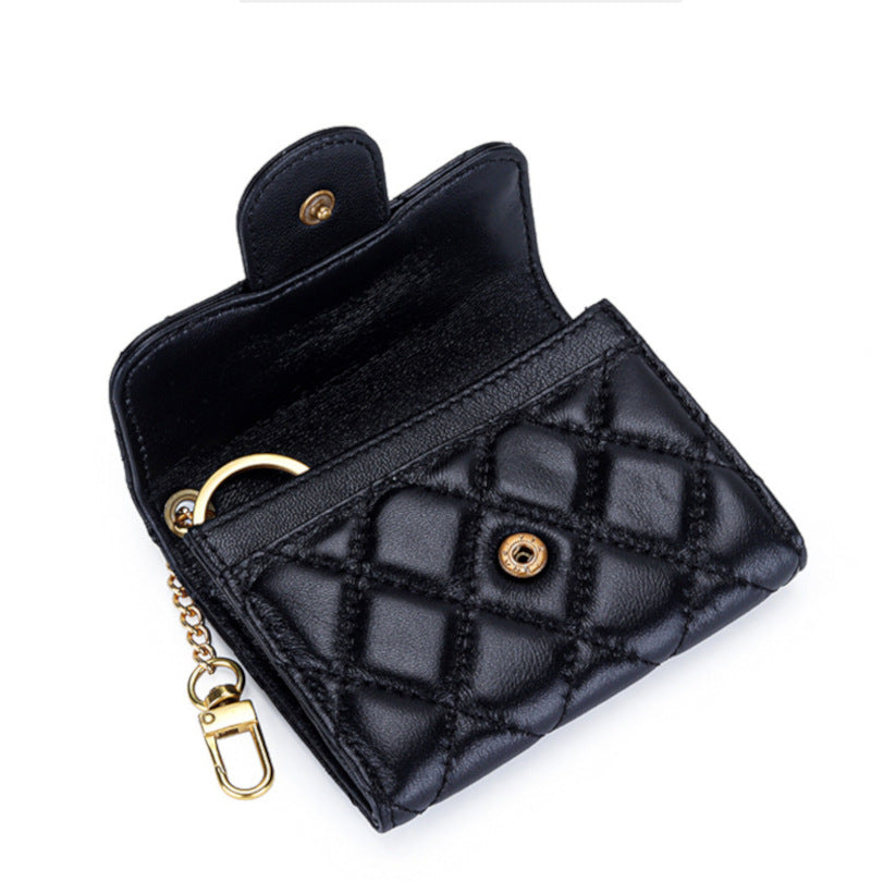 羊革財布 ラムスキン財布 マトラッセ財布 本革二つ折り財布 キーチェーン付 本革小銭入れ 黒 ピンク ベージュ ネイビー