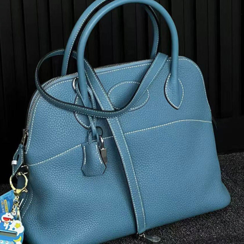 本革ブガッティハンドバッグ プレミア エトゥープ 黒 ブルージーン 31cm ボリード風 レディース