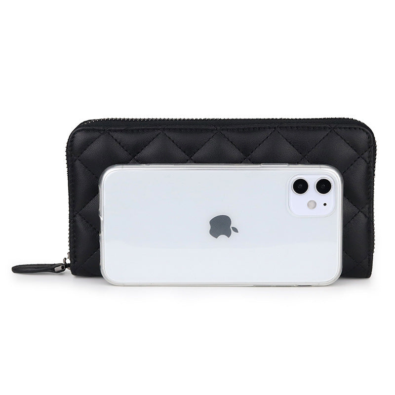 羊革財布 ラムスキン財布 マトラッセ財布 本革ラウンドファスナー長財布 黒 ブラック