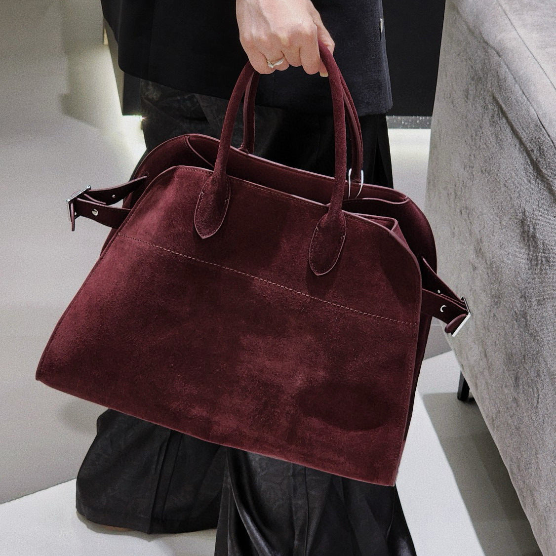 サイドベルト本革トートバッグ 10 12インチ スエード 2wayタイプバック ブラック トープ エクリュ