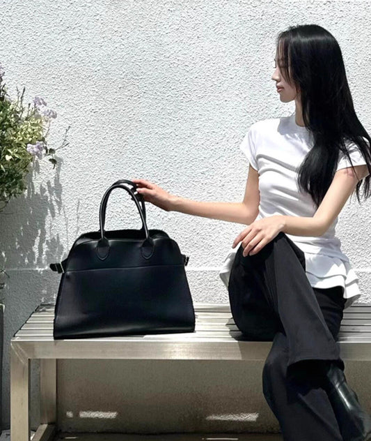 サイドベルト本革トートバッグ 10 12インチ ソフトレザー 2wayタイプバック ブラック トープ エクリュ