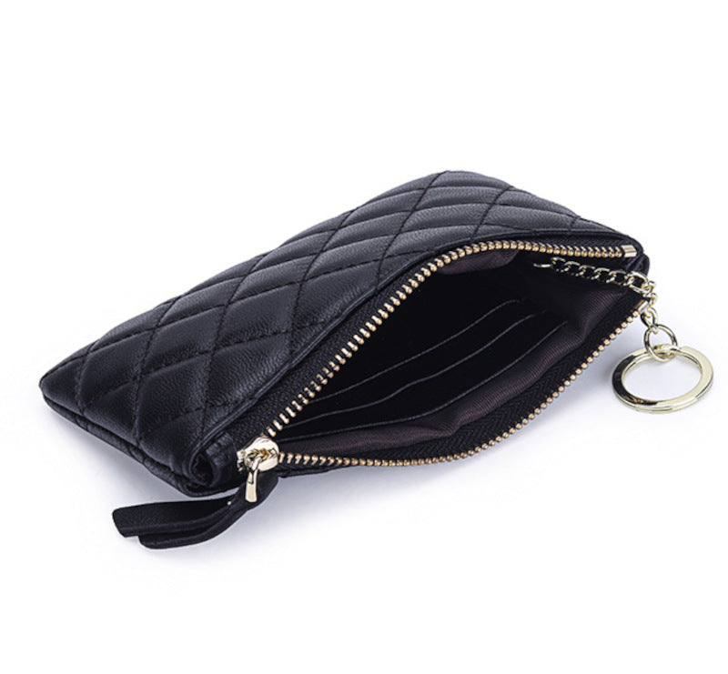 羊革財布 ラムスキン財布 マトラッセ財布 キーチェーン付 本革小銭入れ 黒 赤 ピンク グレー ネイビー