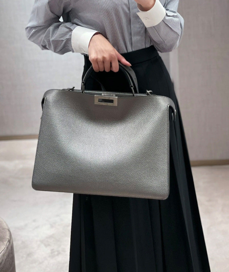 本革ハンドバッグ ステッチ入りバッグ ビジネスバッグ グレー ブラック 黒 ユニセックス