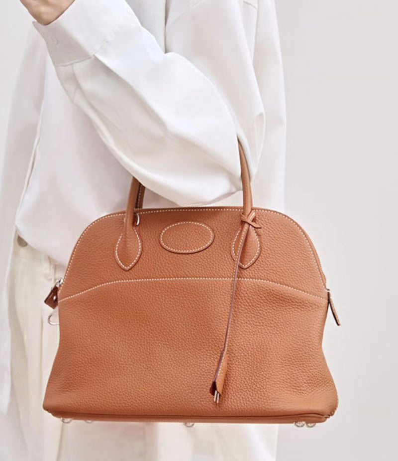 本革ブガッティハンドバッグ プレミア エトゥープ 黒 ブルージーン 31cm ボリード風 レディース