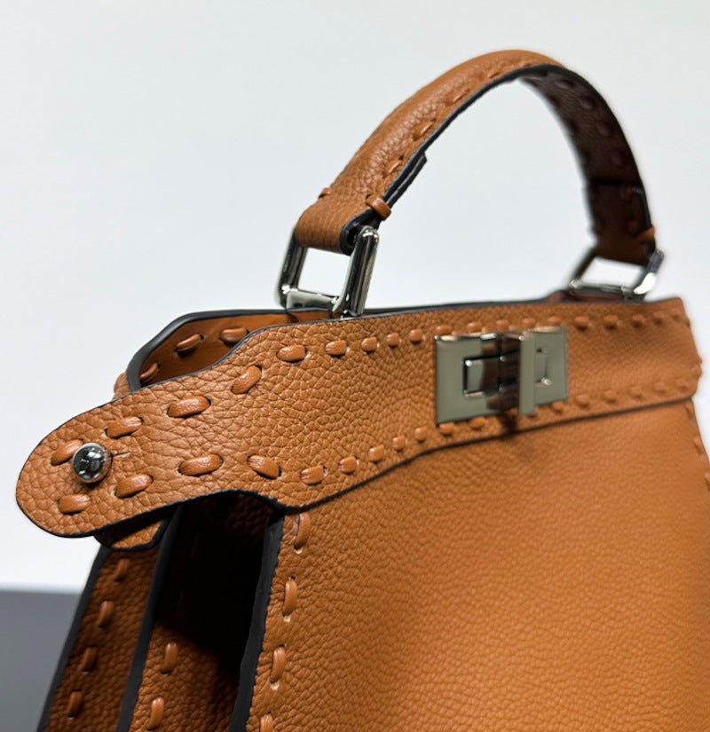 本革ハンドバッグ  ステッチ入りバッグ 2wayバッグ エトゥープ 黒茶 レディース