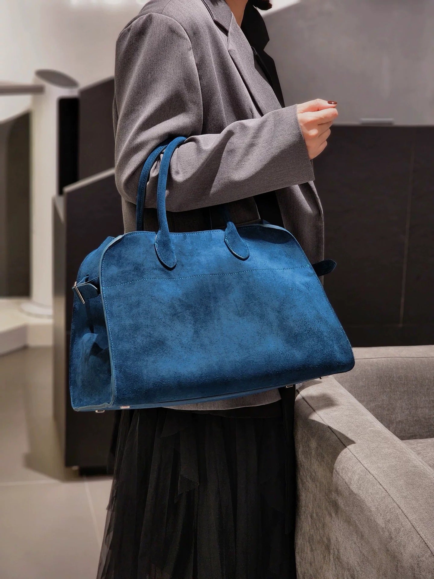 サイドベルト本革トートバッグ 10 12インチ スエード 2wayタイプバック ブラック トープ エクリュ