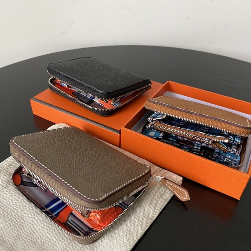 本革ラウンドファスナー二つ折り財布 リバーシブル エプソン革　黒 オレンジ 白 ブルー