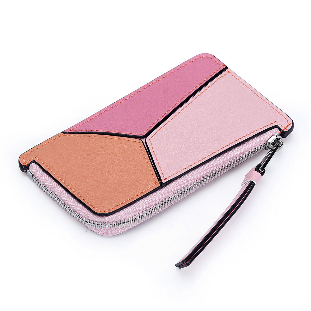 薄型財布 ラウンドファスナー レディース 本革二つ折り財布 本革コインケース パズル風 黒 ピンク