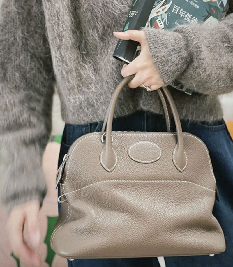 本革ブガッティハンドバッグ プレミア エトゥープ 黒 ブルージーン 31cm ボリード風 レディース