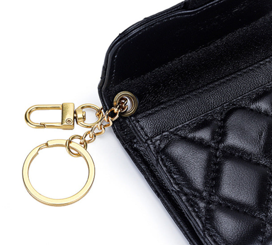 羊革財布 ラムスキン財布 マトラッセ財布 本革二つ折り財布 キーチェーン付 本革小銭入れ 黒 ピンク ベージュ ネイビー