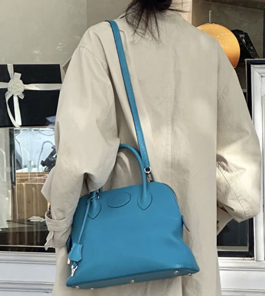 本革ブガッティハンドバッグ プレミア エトゥープ 黒 ブルージーン 31cm ボリード風 レディース