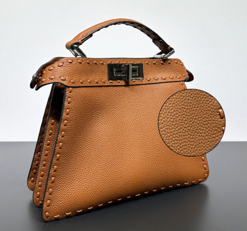 本革ハンドバッグ  ステッチ入りバッグ 2wayバッグ エトゥープ 黒茶 レディース