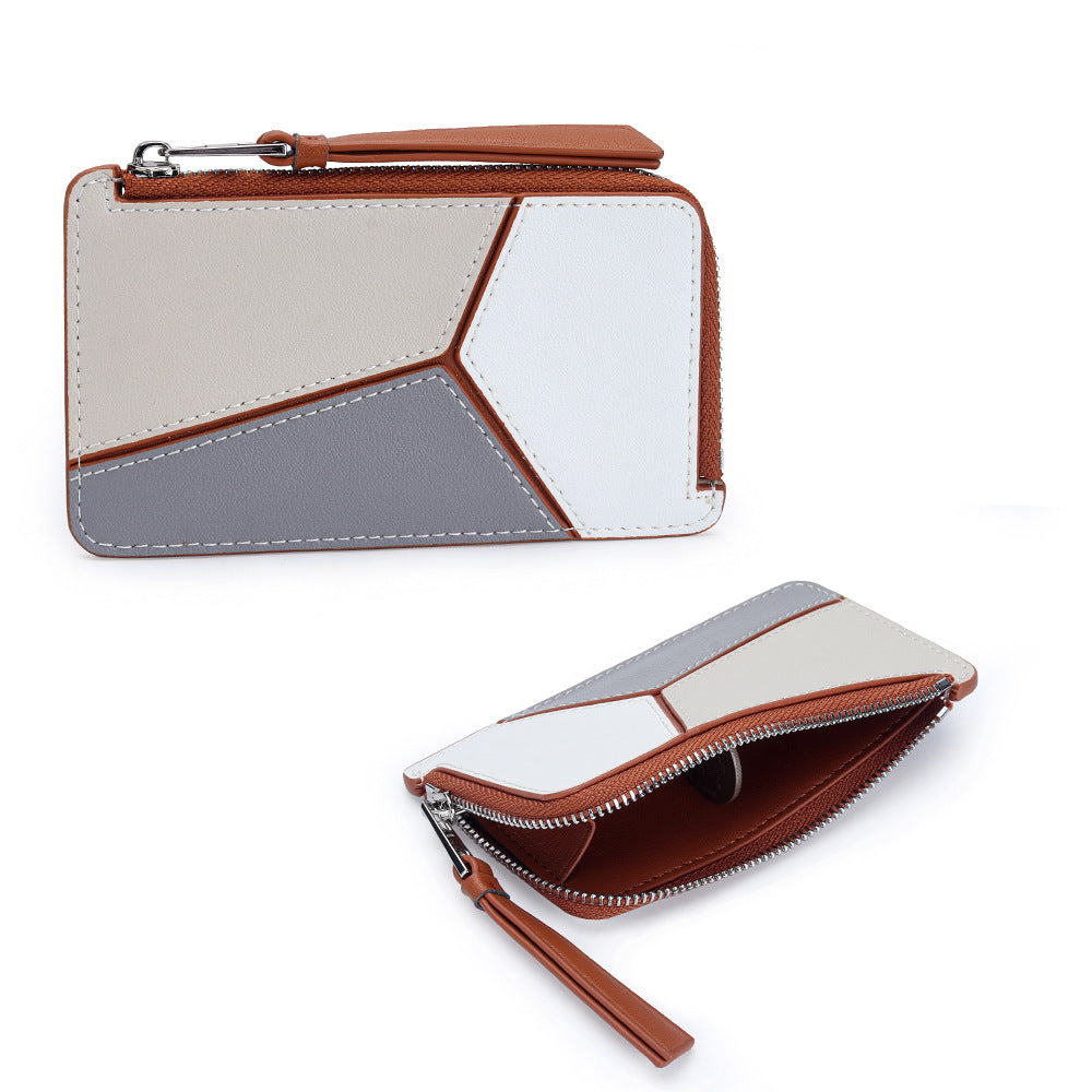 薄型財布 ラウンドファスナー レディース 本革二つ折り財布 本革コインケース パズル風 黒 ピンク