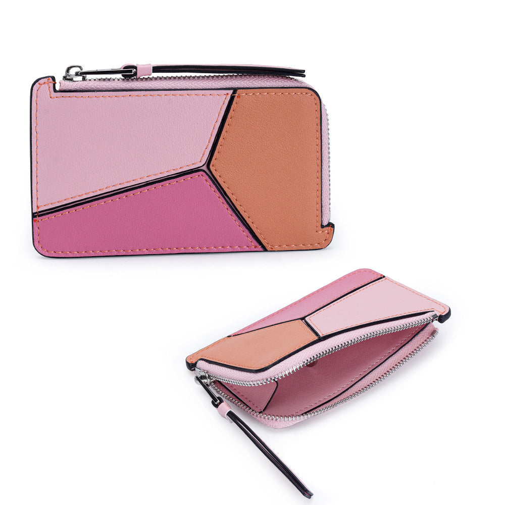 薄型財布 ラウンドファスナー レディース 本革二つ折り財布 本革コインケース パズル風 黒 ピンク
