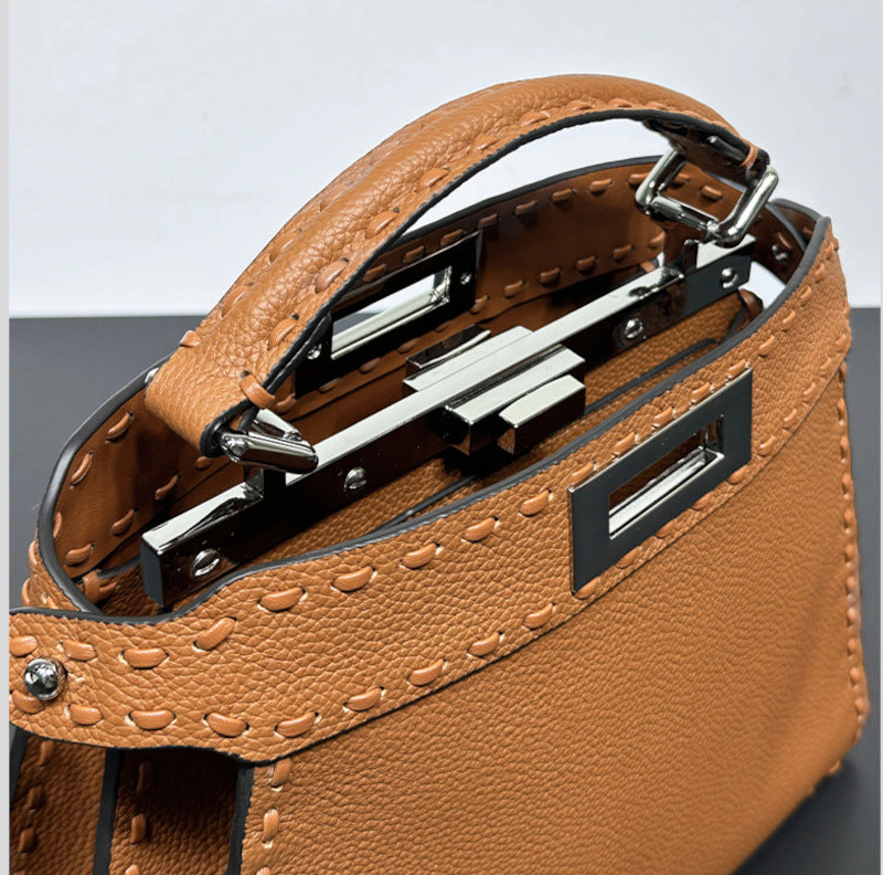 本革ハンドバッグ  ステッチ入りバッグ 2wayバッグ エトゥープ 黒茶 レディース