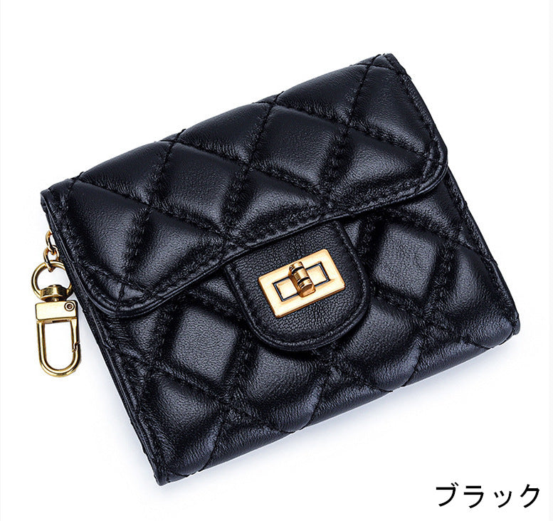 羊革財布 ラムスキン財布 マトラッセ財布 本革二つ折り財布 キーチェーン付 本革小銭入れ 黒 ピンク ベージュ ネイビー