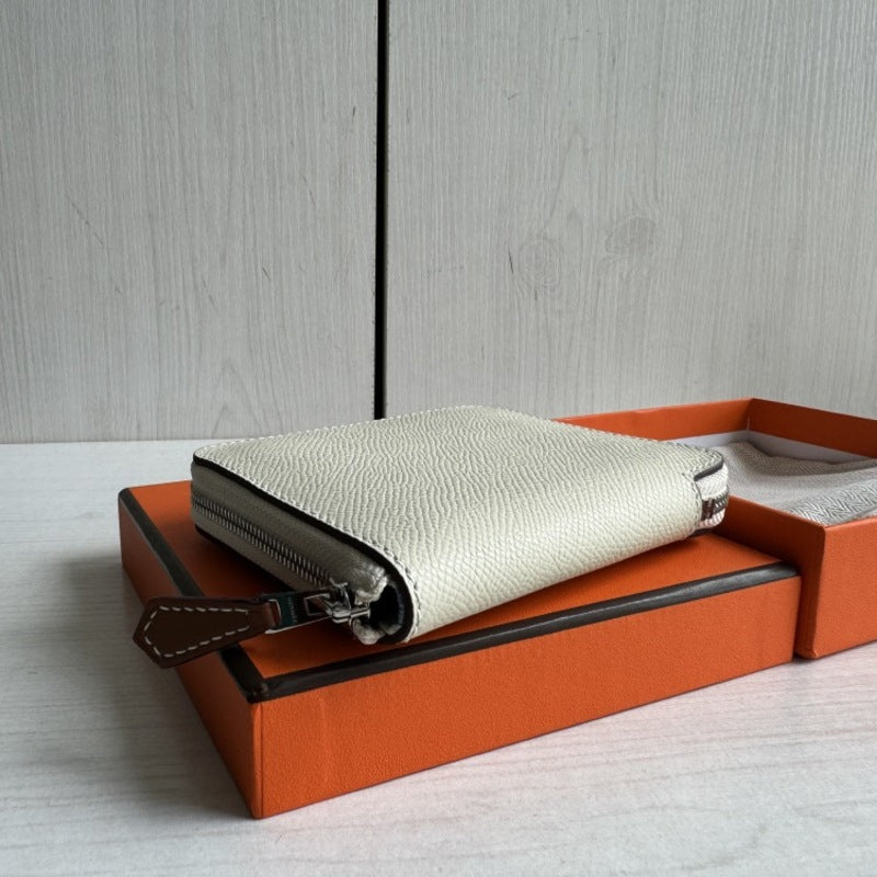 本革ラウンドファスナー二つ折り財布 リバーシブル エプソン革　黒 オレンジ 白 ブルー