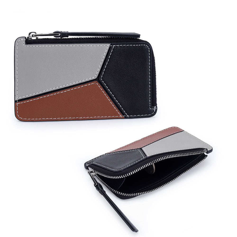 薄型財布 ラウンドファスナー レディース 本革二つ折り財布 本革コインケース パズル風 黒 ピンク