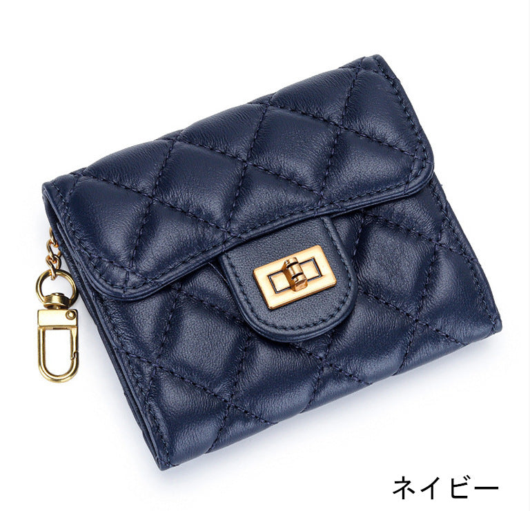 羊革財布 ラムスキン財布 マトラッセ財布 本革二つ折り財布 キーチェーン付 本革小銭入れ 黒 ピンク ベージュ ネイビー