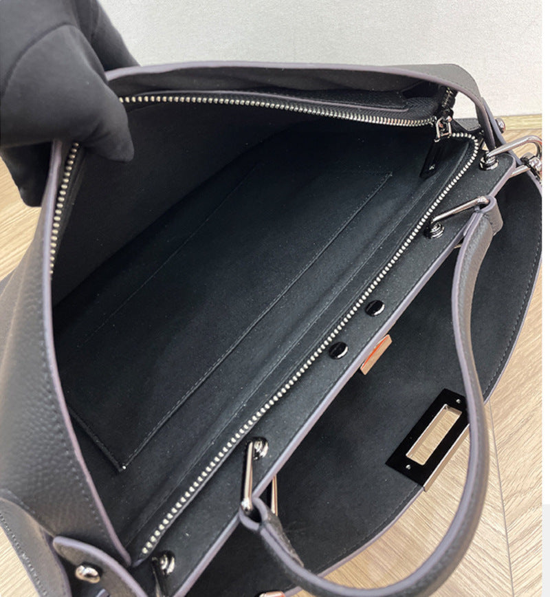 本革ハンドバッグ ステッチ入りバッグ ビジネスバッグ グレー ブラック 黒 ユニセックス